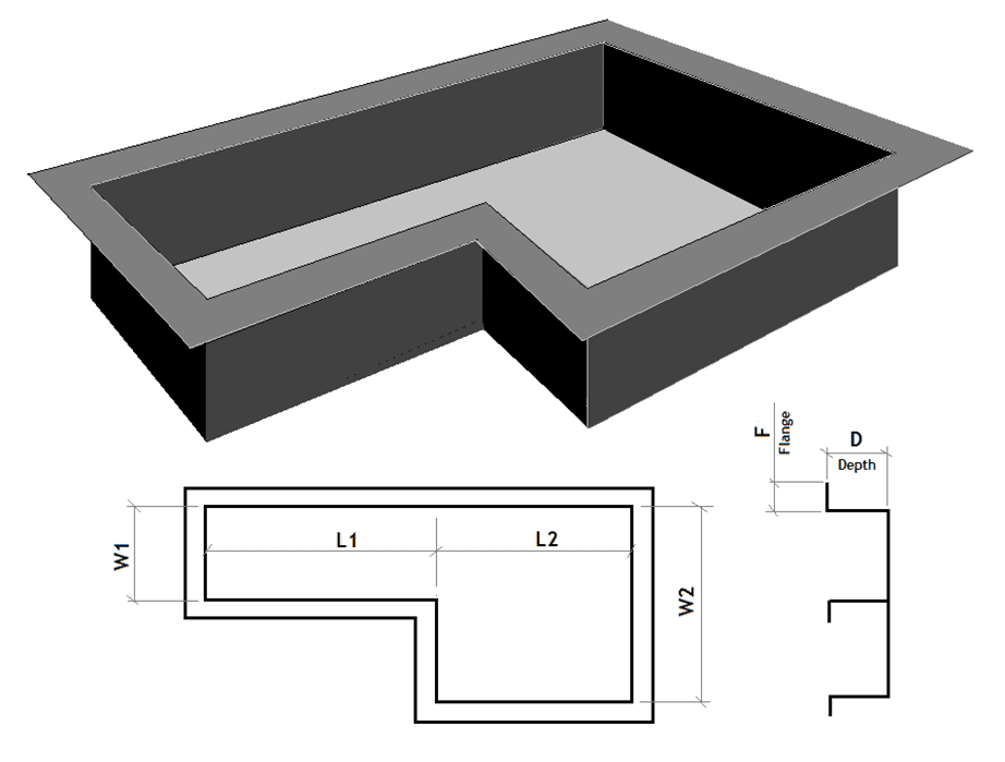 How to measure an L-shaped pond for a box welded liner — 3D render showing W1, W2, L1, L2, depth and flange dimensions