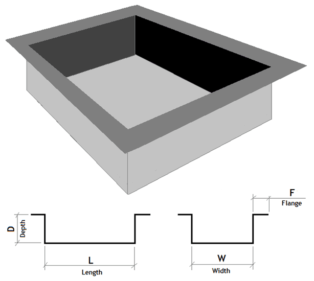 How to measure a rectangular pond for a box welded liner — 3D render showing length, width, depth and flange dimensions